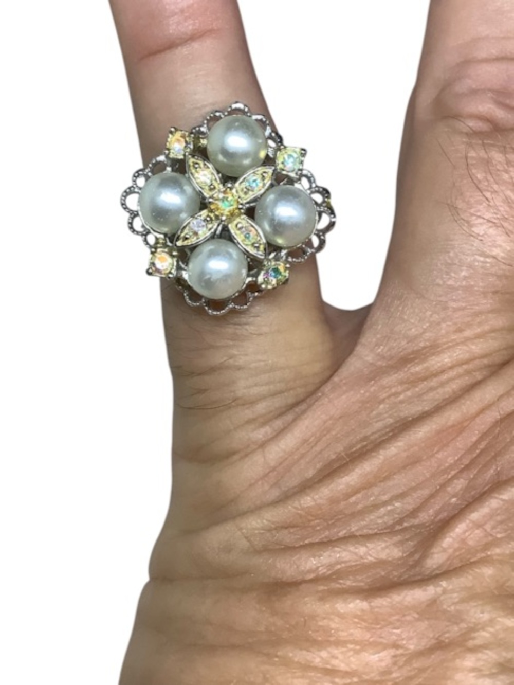 Sarah Coventry Silver & Gold‑Tone cluster statement Pearl CZ Ring
